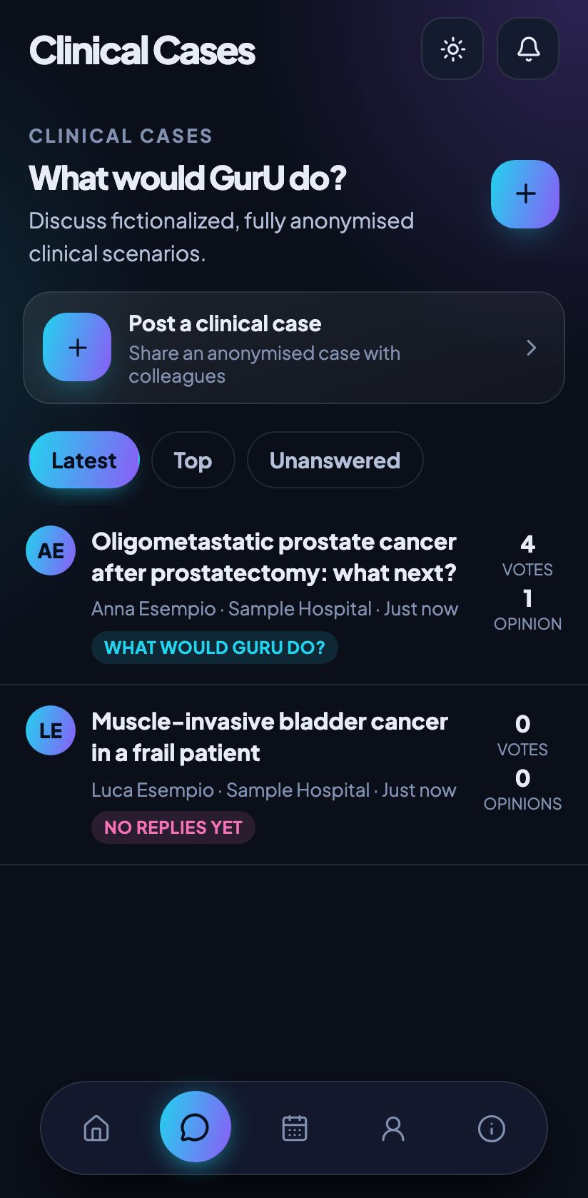 The Clinical Cases tab with two fictional cases