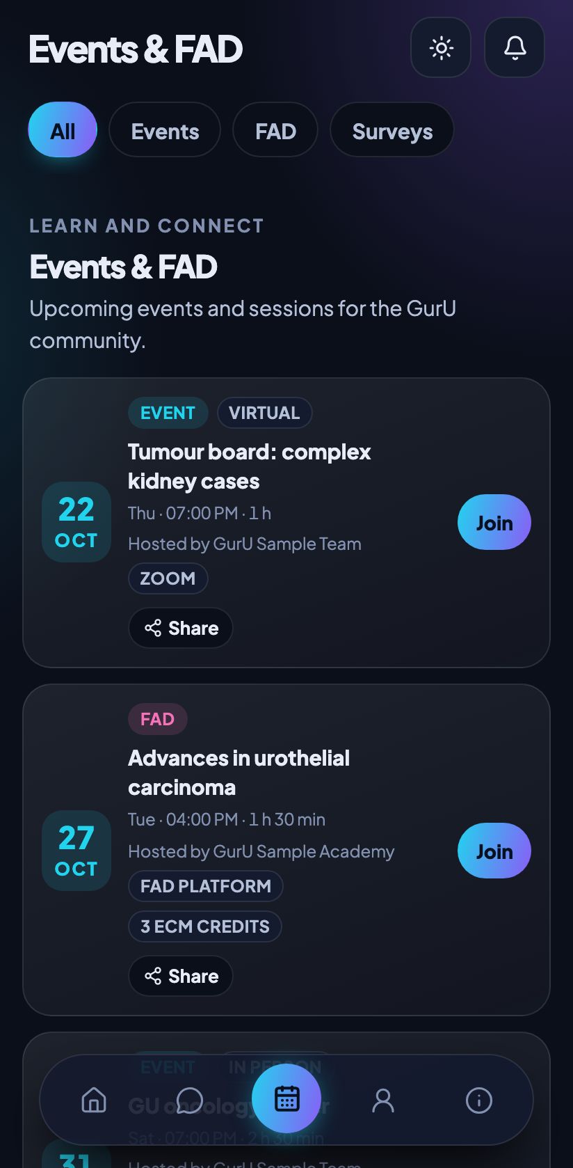 The Events and FAD tab with fictional sessions