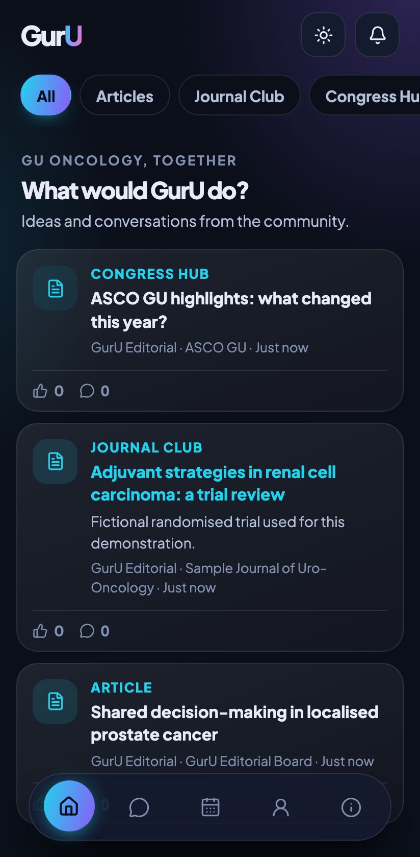 The Feed with fictional articles, journal club and congress items